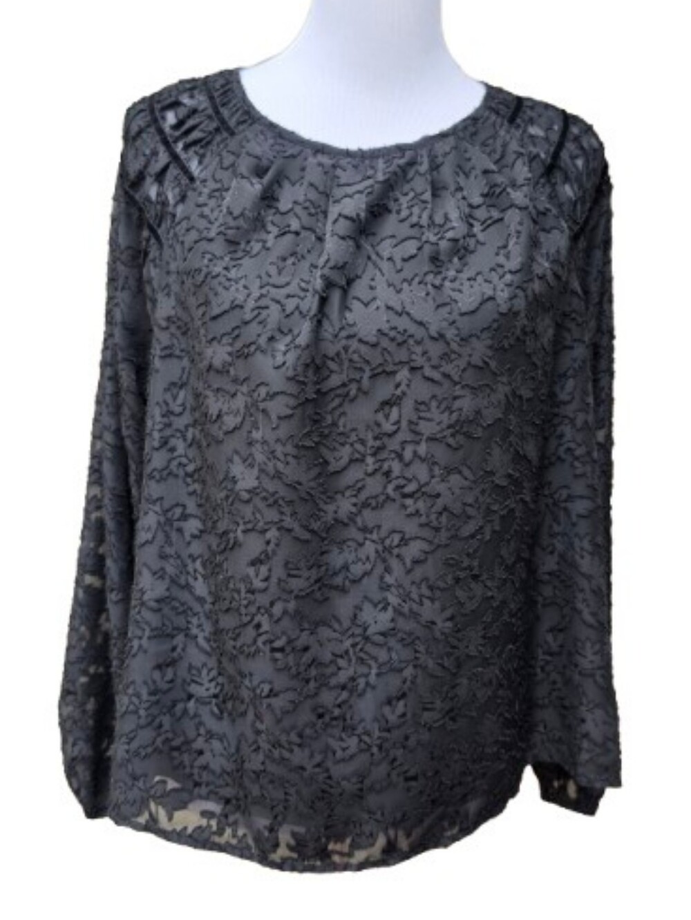 Wonderly Black Blouse Textured Print Raglan Sleeves Velvet Trim Dressy Workwear